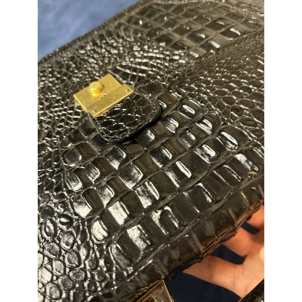 Vtg 1970s Swiss AMIET Leather Briefcase Alligator Embossed Black Genuine Leather